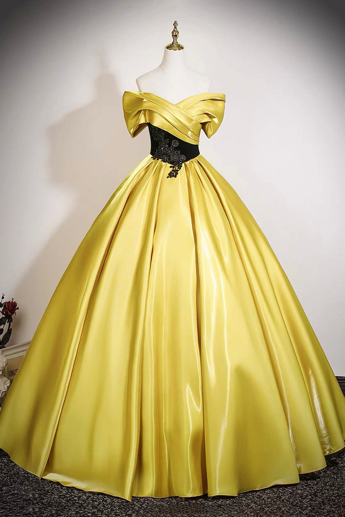 Yellow Satin Lace Long Prom Dress, Elegant Off the Shoulder A-Line Party Dress