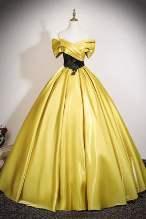 Yellow Satin Lace Long Prom Dress, Elegant Off the Shoulder A-Line Party Dress