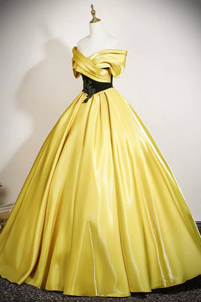 Yellow Satin Lace Long Prom Dress, Elegant Off the Shoulder A-Line Party Dress