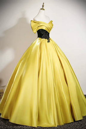 Yellow Satin Lace Long Prom Dress, Elegant Off the Shoulder A-Line Party Dress