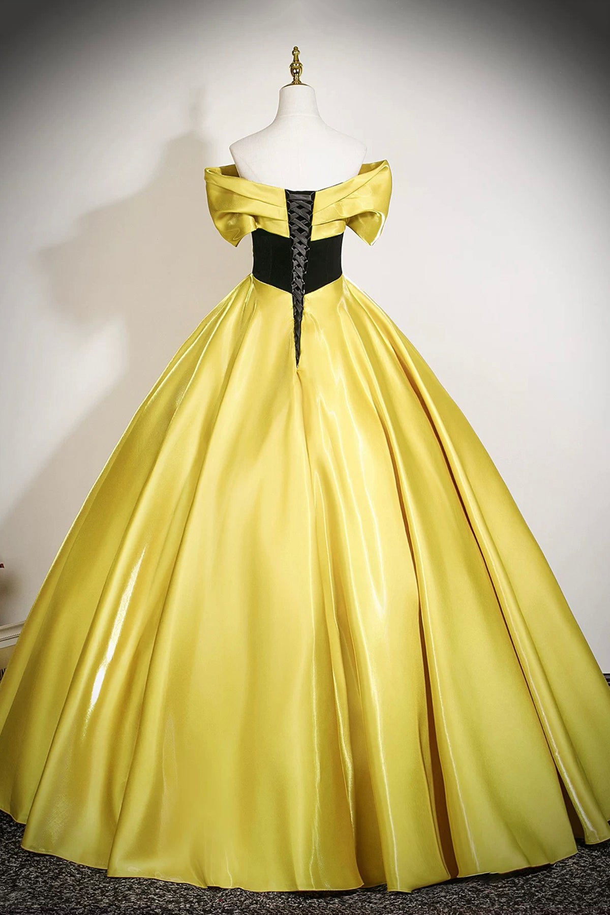 Yellow Satin Lace Long Prom Dress, Elegant Off the Shoulder A-Line Party Dress
