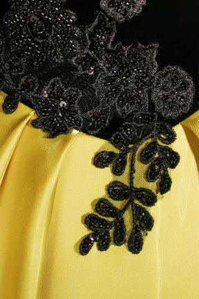 Yellow Satin Lace Long Prom Dress, Elegant Off the Shoulder A-Line Party Dress
