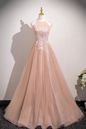 Shiny Tulle Lace Long A-Line Prom Dress, Beautiful Pink Evening Party Dress