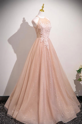 Shiny Tulle Lace Long A-Line Prom Dress, Beautiful Pink Evening Party Dress