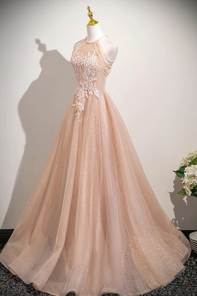 Shiny Tulle Lace Long A-Line Prom Dress, Beautiful Pink Evening Party Dress