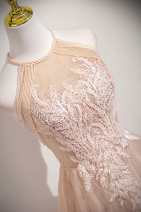 Shiny Tulle Lace Long A-Line Prom Dress, Beautiful Pink Evening Party Dress