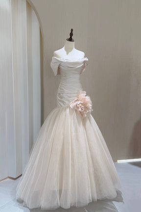 Elegant Off-the-Shoulder Mermaid Formal Evening Dress with Handmade Flower