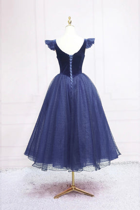 Navy Velvet and Tulle Tea Length Prom Dress, A-Line Party Dress
