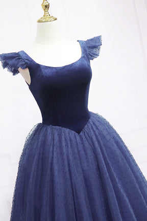 Navy Velvet and Tulle Tea Length Prom Dress, A-Line Party Dress