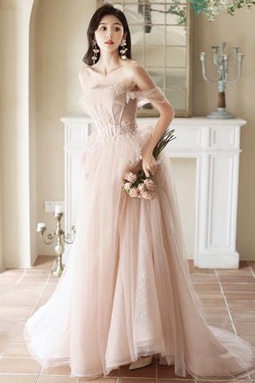 Pink Off Shoulder Tulle Long Formal Dress, Beautiful A-Line Evening Party Dress