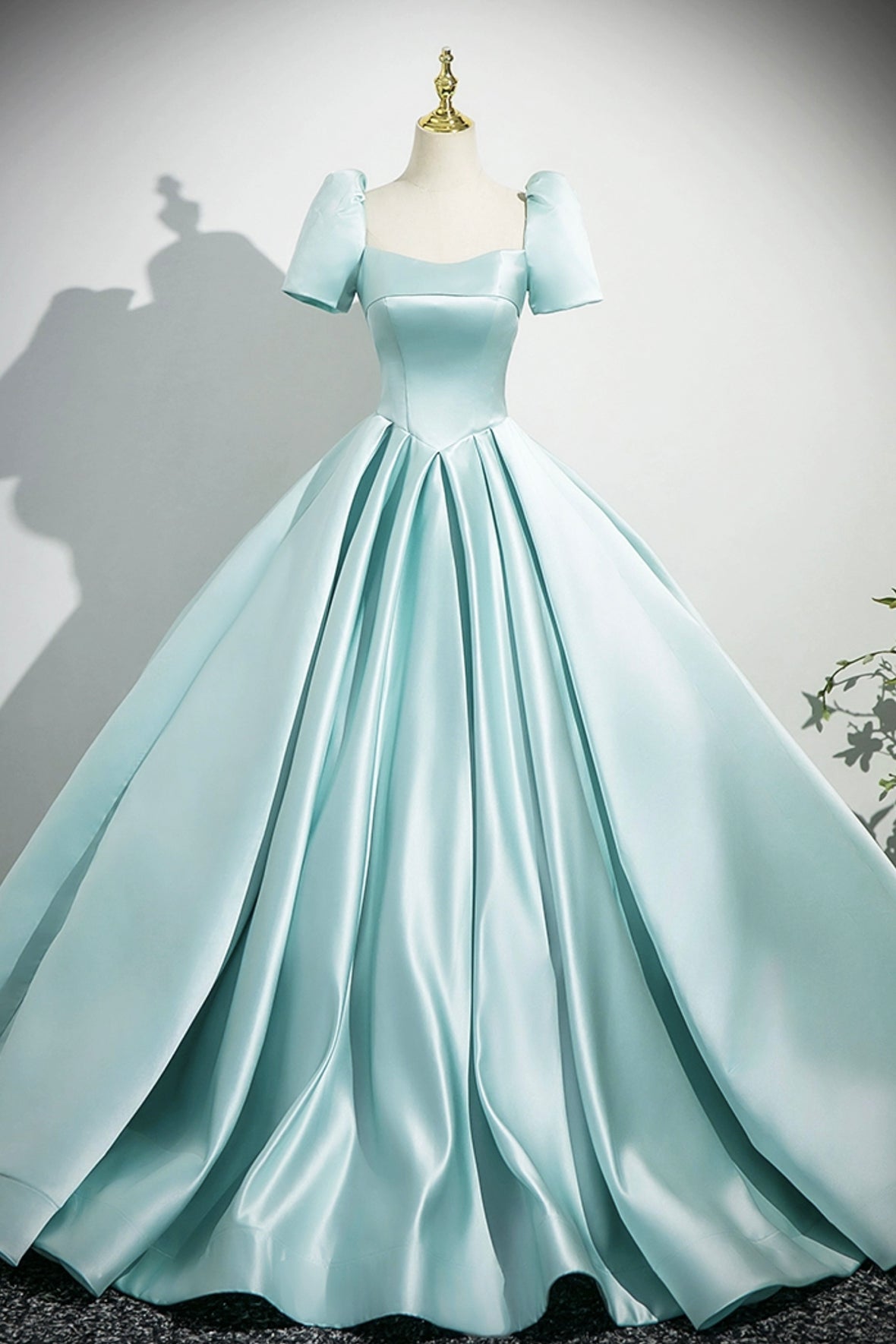 A-Line Satin Long Prom Dress, Beautiful Blue Short Sleeve Evening Party Dress