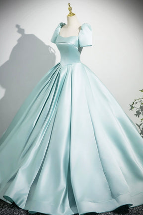 A-Line Satin Long Prom Dress, Beautiful Blue Short Sleeve Evening Party Dress