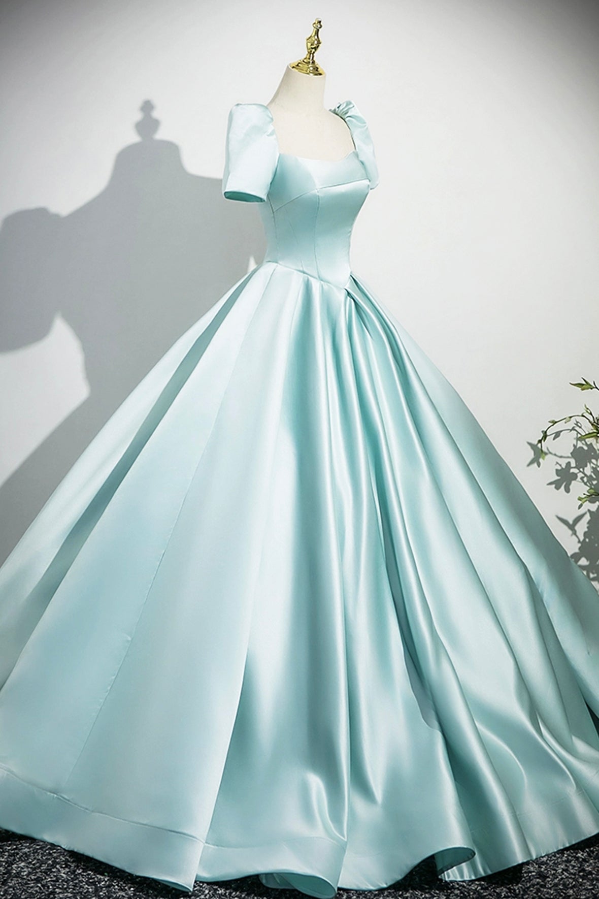 A-Line Satin Long Prom Dress, Beautiful Blue Short Sleeve Evening Party Dress