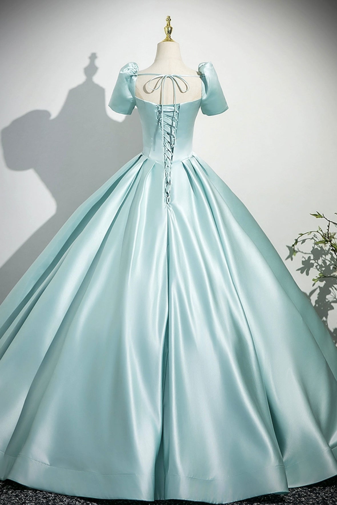 A-Line Satin Long Prom Dress, Beautiful Blue Short Sleeve Evening Party Dress