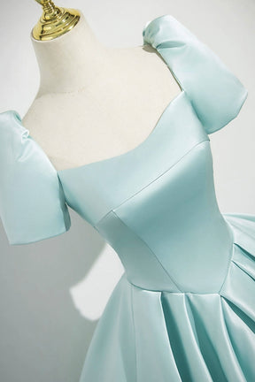 A-Line Satin Long Prom Dress, Beautiful Blue Short Sleeve Evening Party Dress