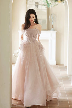 Pink Off Shoulder Tulle Long Formal Dress, Beautiful A-Line Evening Party Dress