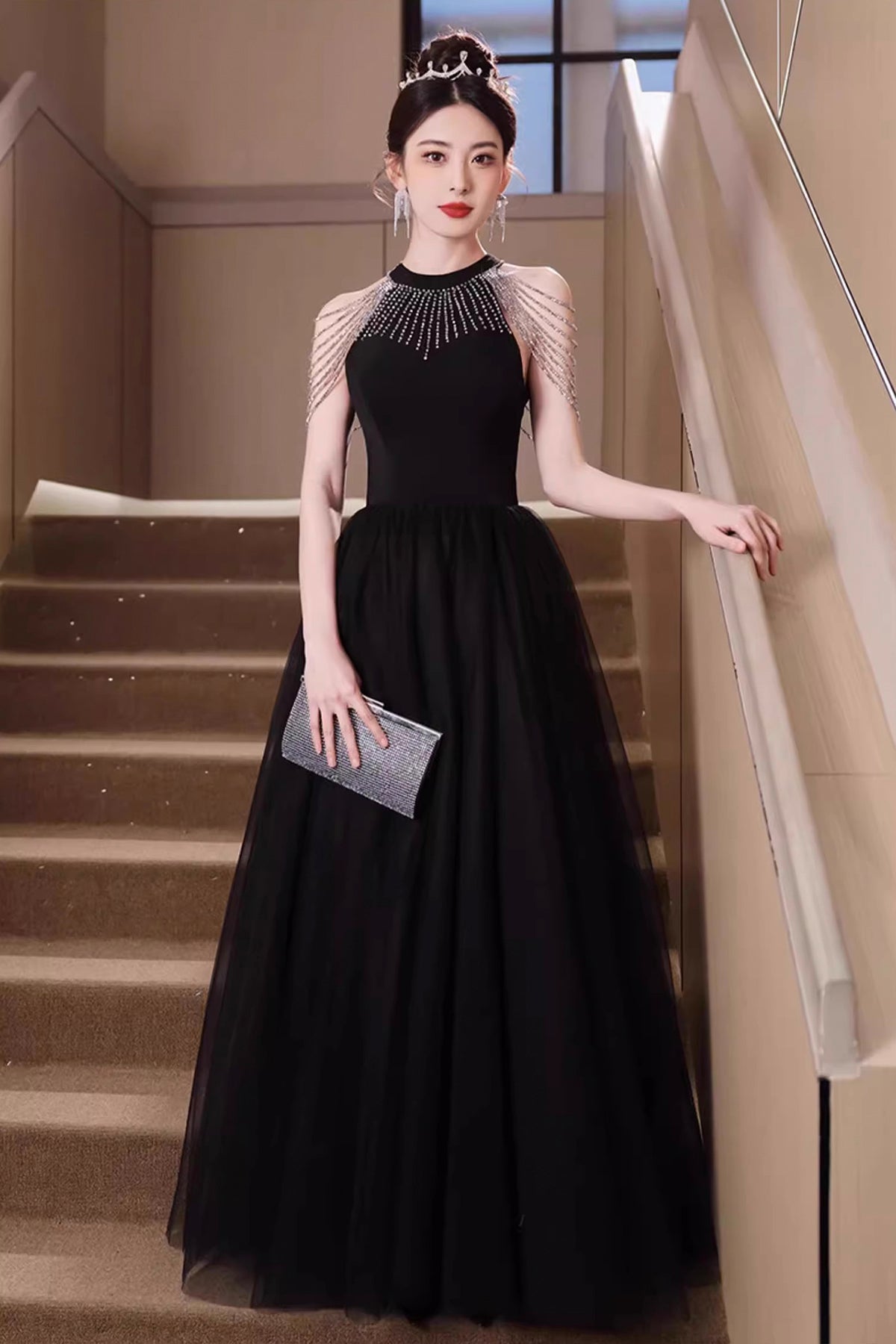 Black Tulle Long Prom Dress, Beautiful Black A-Line Evening Party Dress
