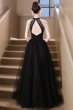 Black Tulle Long Prom Dress, Beautiful Black A-Line Evening Party Dress