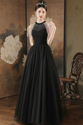Black Tulle Long Prom Dress, Beautiful Black A-Line Evening Party Dress