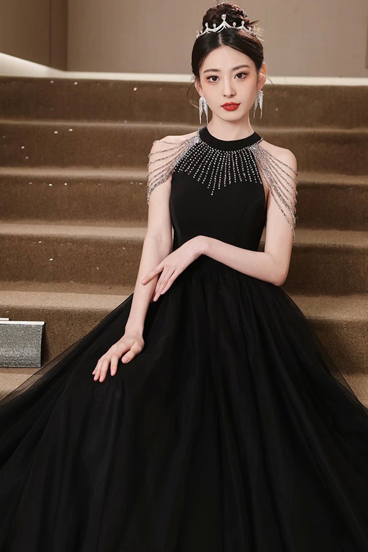 Black Tulle Long Prom Dress, Beautiful Black A-Line Evening Party Dress