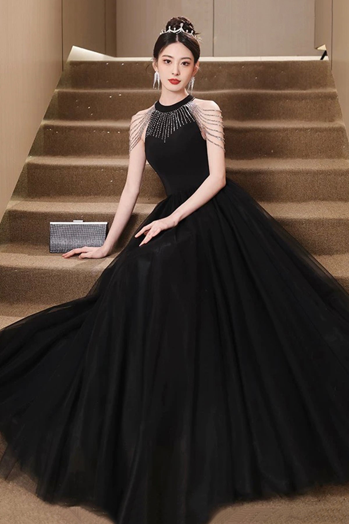 Black Tulle Long Prom Dress, Beautiful Black A-Line Evening Party Dress