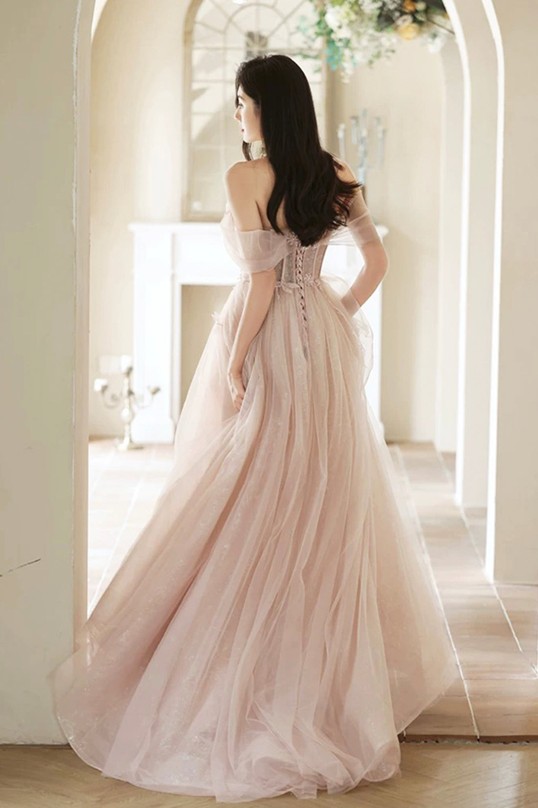 Pink Off Shoulder Tulle Long Formal Dress, Beautiful A-Line Evening Party Dress