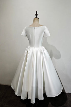 White Satin Short Party Gown, Elegant A-Line Short Sleeve Prom Evening Dress
