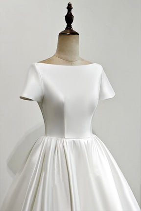 White Satin Short Party Gown, Elegant A-Line Short Sleeve Prom Evening Dress