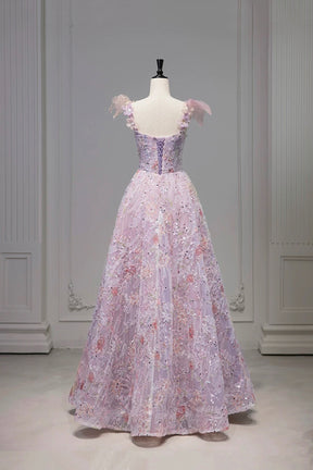Lavender 3D Floral Butterfly Tulle Ball Gown – Sweetheart Neck Prom Dress