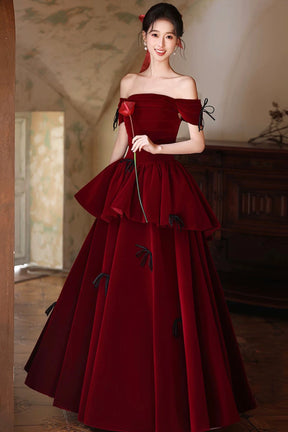 Burgundy Off-Shoulder Velvet Ball Gown, A-Line Tiered Ruffle Prom Dress