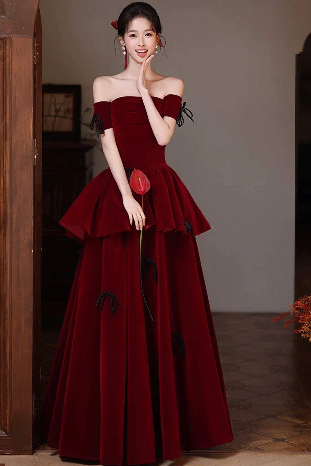 Burgundy Off-Shoulder Velvet Ball Gown, A-Line Tiered Ruffle Prom Dress