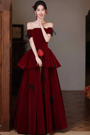 Burgundy Off-Shoulder Velvet Ball Gown, A-Line Tiered Ruffle Prom Dress