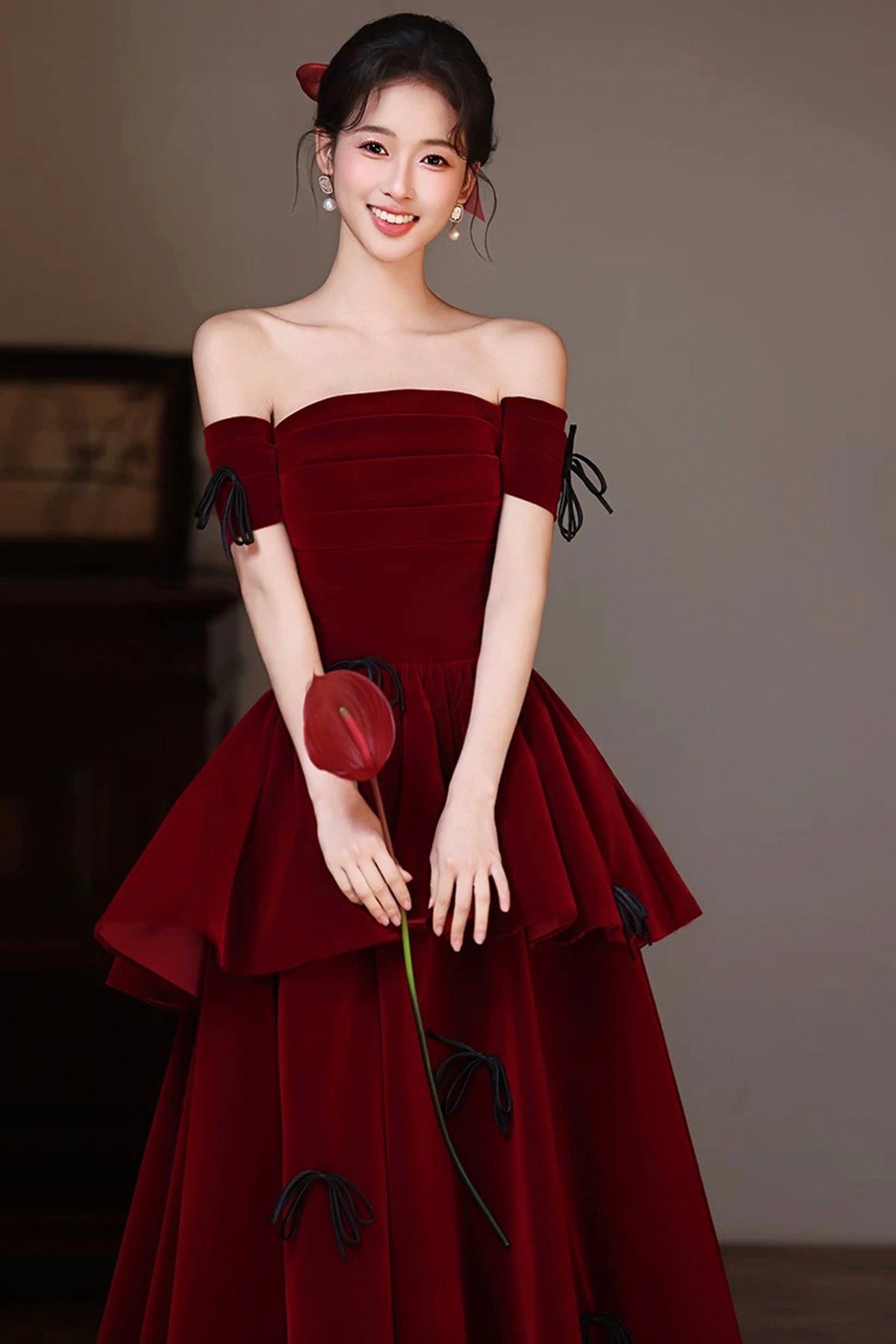 Burgundy Off-Shoulder Velvet Ball Gown, A-Line Tiered Ruffle Prom Dress