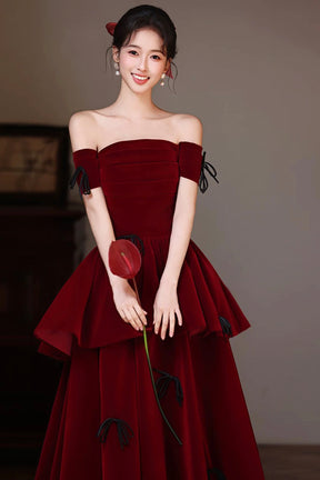 Burgundy Off-Shoulder Velvet Ball Gown, A-Line Tiered Ruffle Prom Dress