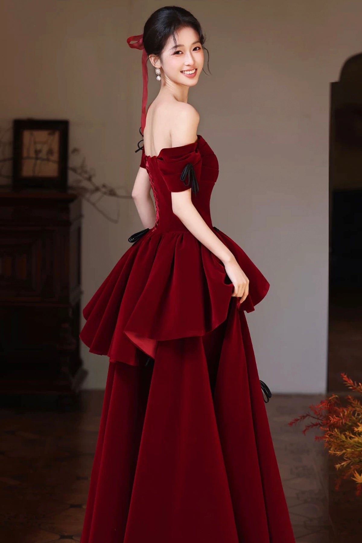 Burgundy Off-Shoulder Velvet Ball Gown, A-Line Tiered Ruffle Prom Dress