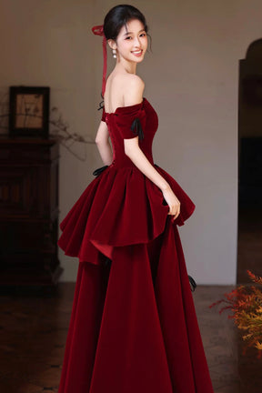 Burgundy Off-Shoulder Velvet Ball Gown, A-Line Tiered Ruffle Prom Dress