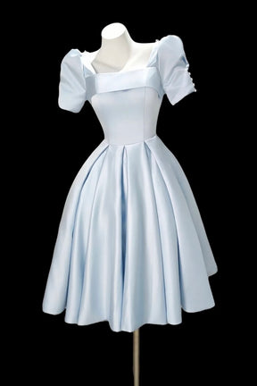 Light Blue Satin Square Neck Mini Dress - Puff Sleeve A-Line Party Cocktail Gown