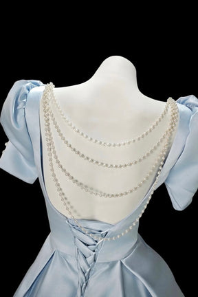 Light Blue Satin Square Neck Mini Dress - Puff Sleeve A-Line Party Cocktail Gown