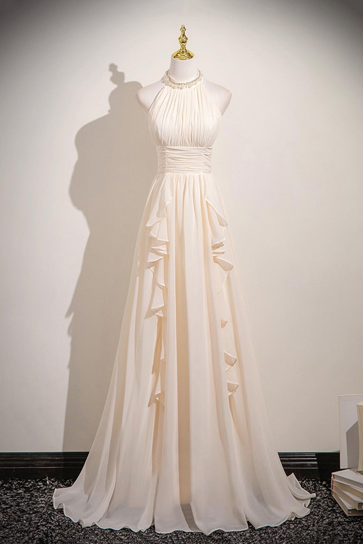 Champagne Chiffon Halter Neck Long Prom Dress, Elegant A-Line Evening Dress