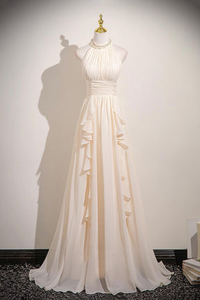 Champagne Chiffon Halter Neck Long Prom Dress, Elegant A-Line Evening Dress