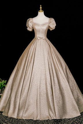 Elegant Gold Ball Gown Prom Dress, A-Line Short Sleeve Evening Party Dress