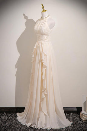 Champagne Chiffon Halter Neck Long Prom Dress, Elegant A-Line Evening Dress