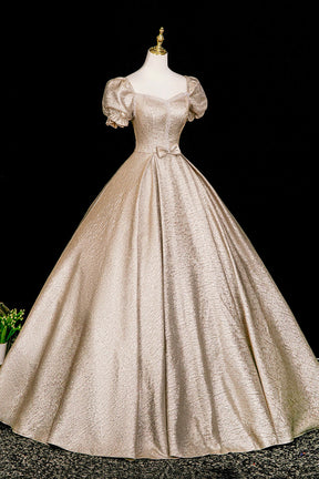 Elegant Gold Ball Gown Prom Dress, A-Line Short Sleeve Evening Party Dress