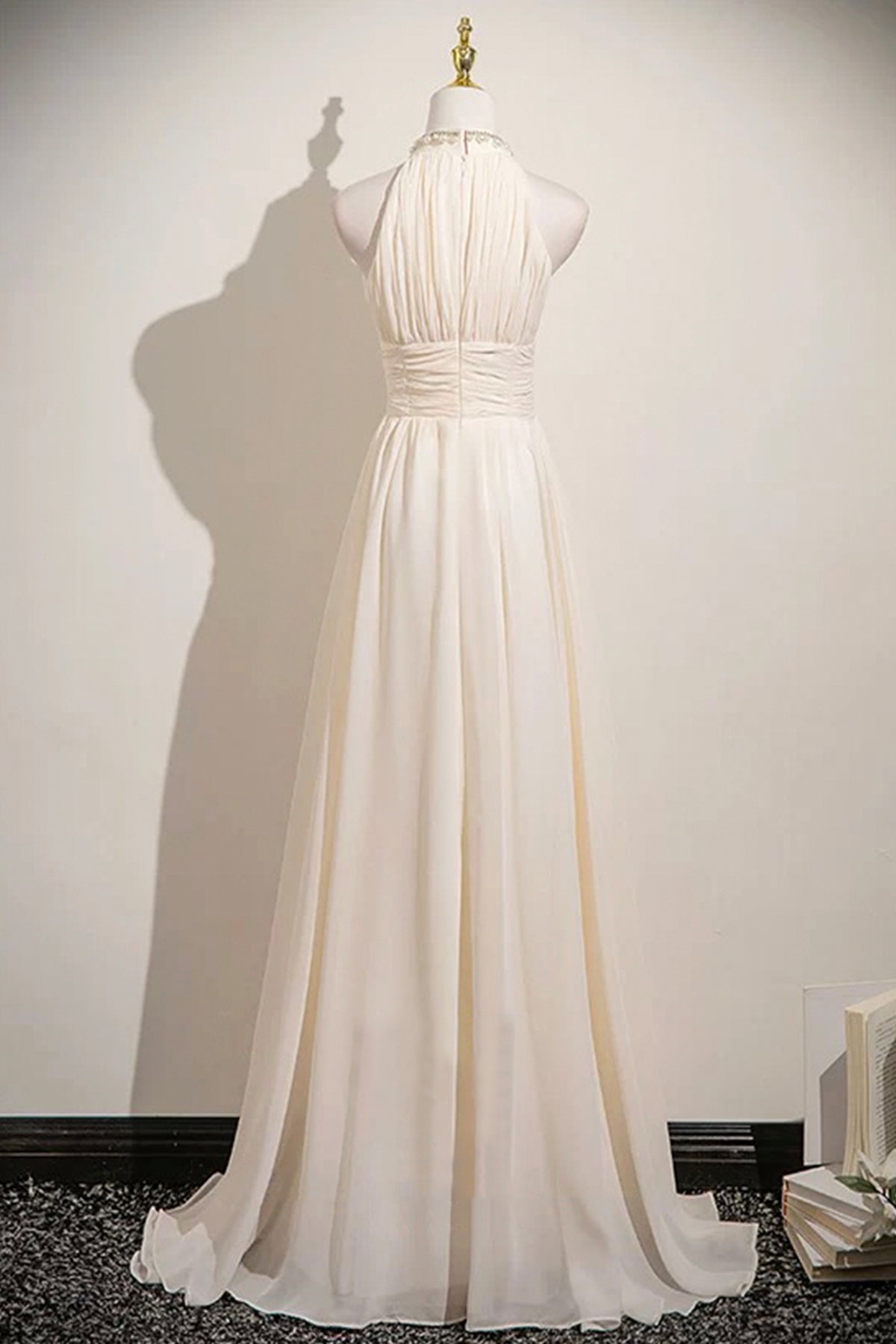 Champagne Chiffon Halter Neck Long Prom Dress, Elegant A-Line Evening Dress