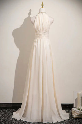 Champagne Chiffon Halter Neck Long Prom Dress, Elegant A-Line Evening Dress