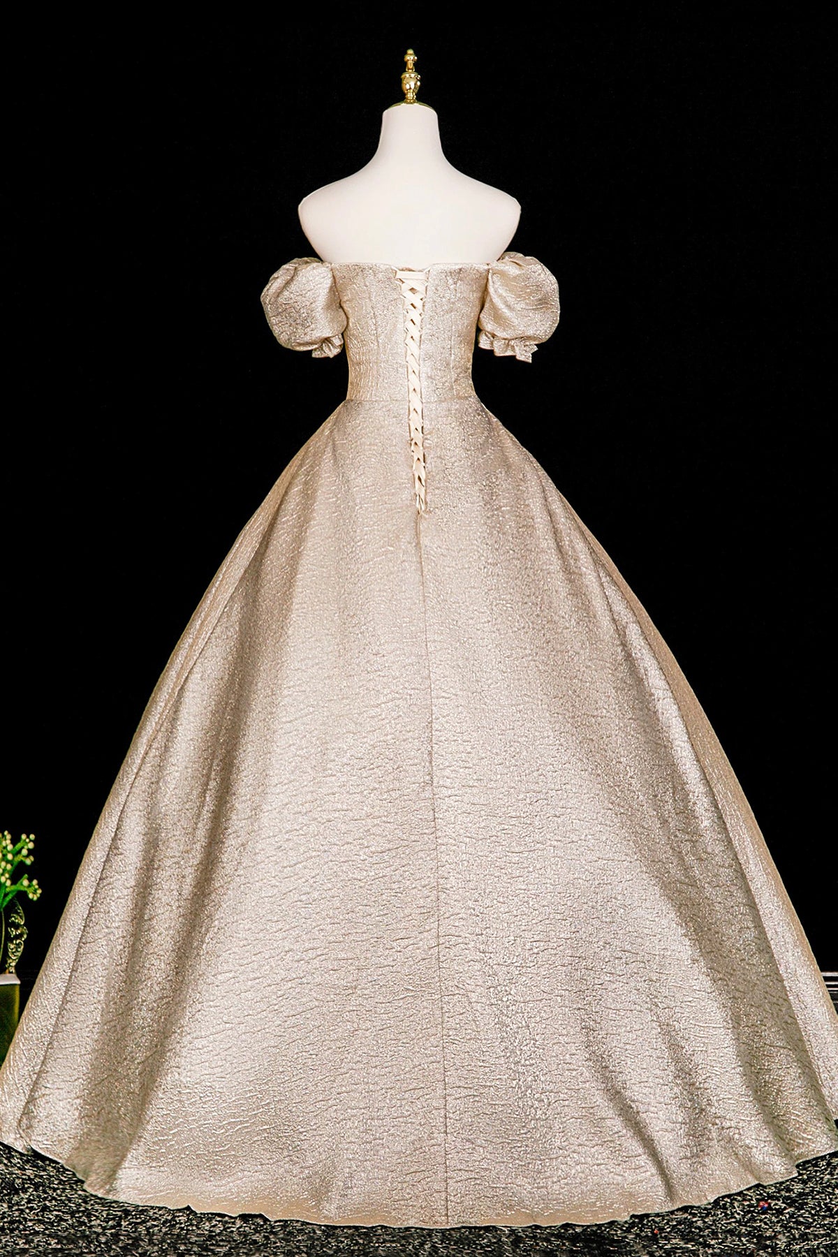 Elegant Gold Ball Gown Prom Dress, A-Line Short Sleeve Evening Party Dress