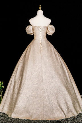 Elegant Gold Ball Gown Prom Dress, A-Line Short Sleeve Evening Party Dress