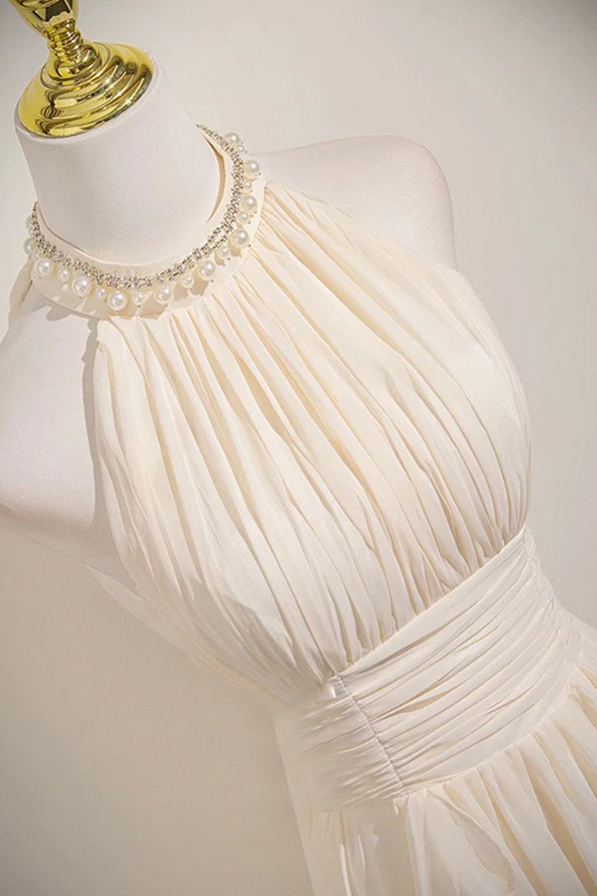 Champagne Chiffon Halter Neck Long Prom Dress, Elegant A-Line Evening Dress