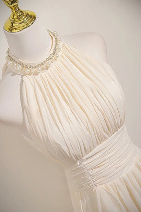 Champagne Chiffon Halter Neck Long Prom Dress, Elegant A-Line Evening Dress