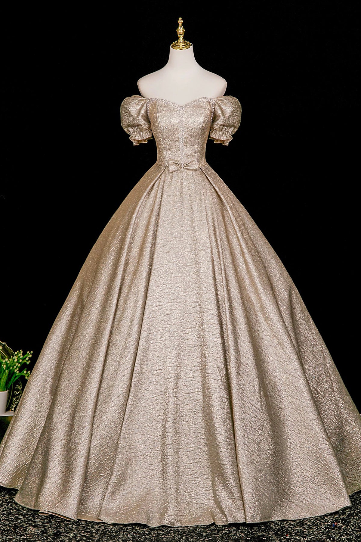 Elegant Gold Ball Gown Prom Dress, A-Line Short Sleeve Evening Party Dress